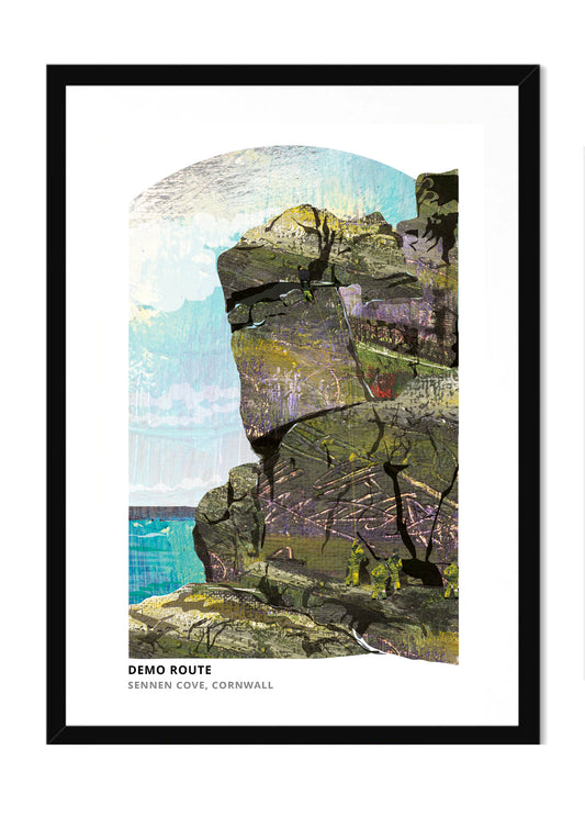 Demo Route, Cornwall art print by Vicki Shortt, the Royal Marines climbing route at Sennen Cove, Cornwall, in a black frame