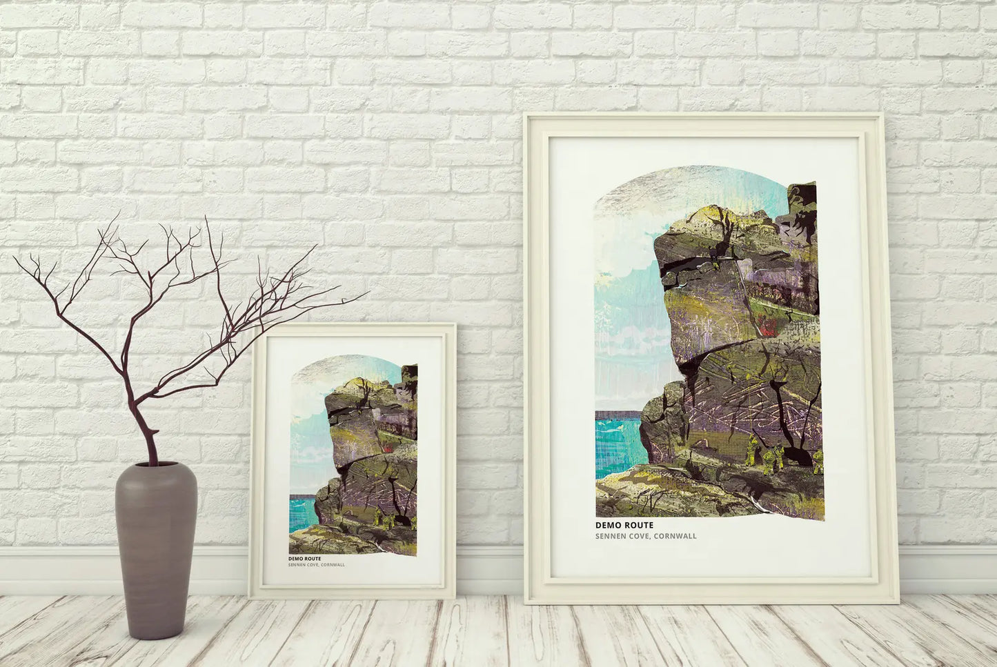 Demo Route, Cornwall art print by Vicki Shortt, the Royal Marines climbing route at Sennen Cove, Cornwall, framed in a room setting