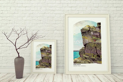 Demo Route, Cornwall art print by Vicki Shortt, the Royal Marines climbing route at Sennen Cove, Cornwall, framed in a room setting