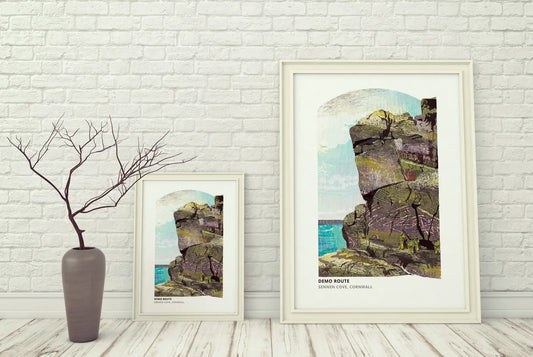 Demo Route, Cornwall art print by Vicki Shortt, the Royal Marines climbing route at Sennen Cove, Cornwall, framed in a room setting