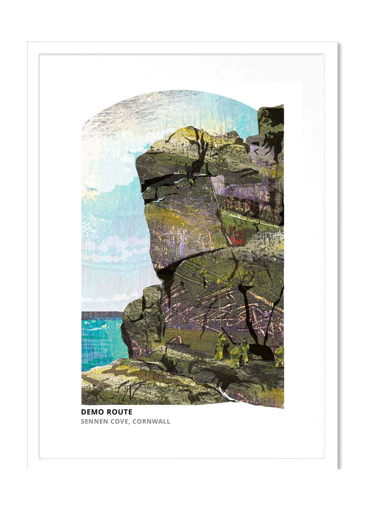 Demo Route, Cornwall art print by Vicki Shortt, the Royal Marines climbing route at Sennen Cove, Cornwall, in a white frame