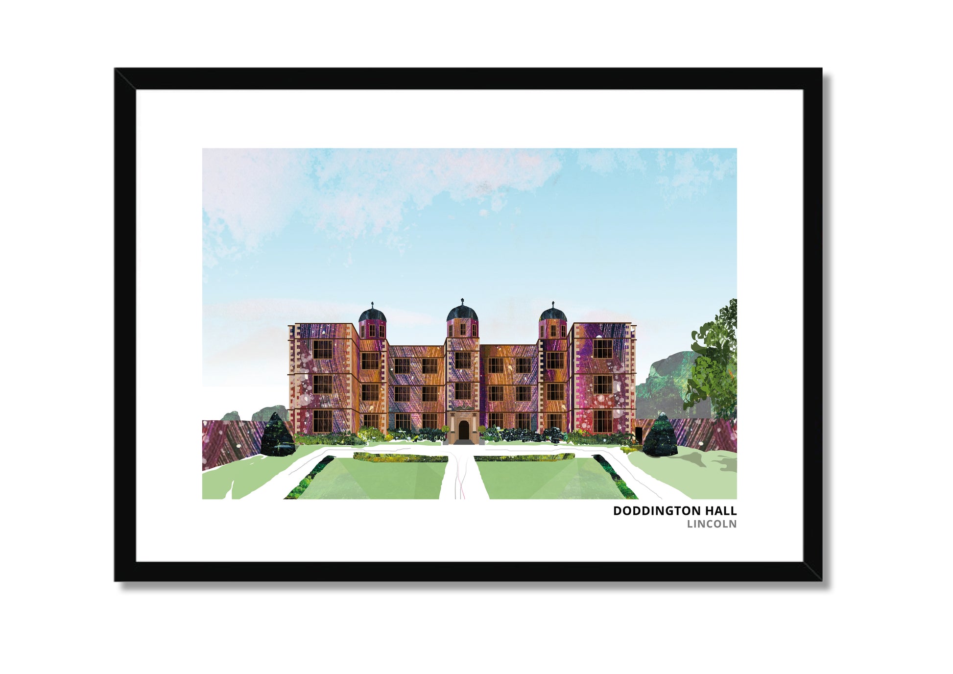 Doddington Hall art print by Vicki Shortt, house and lawn design, the Elizabethan house at Doddington, Lincolnshire, in a black frame