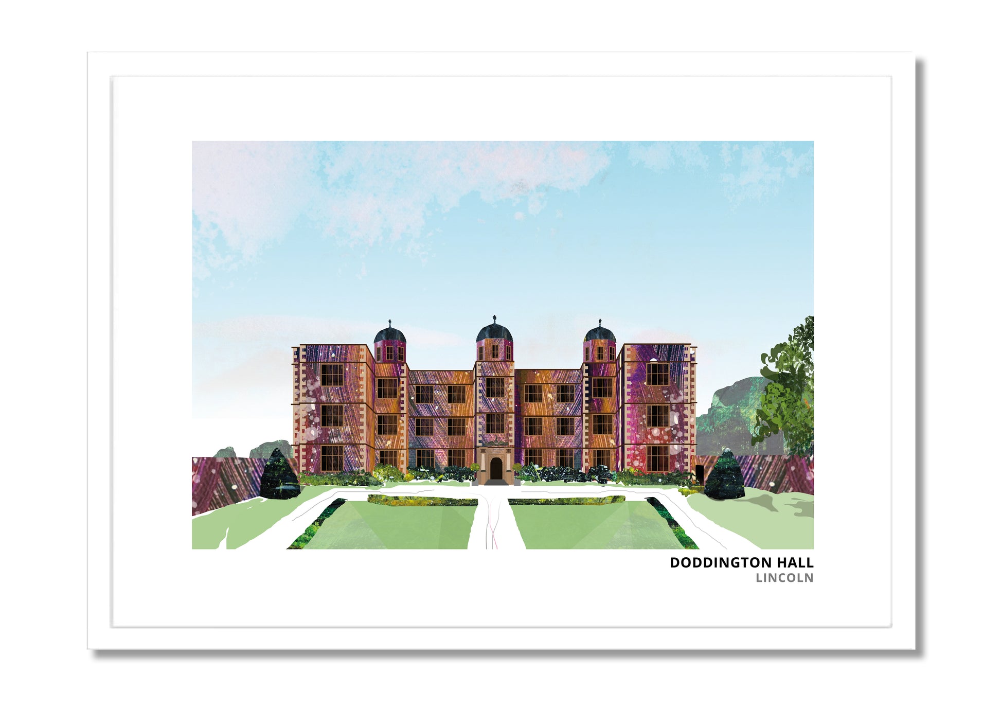 Doddington Hall art print by Vicki Shortt, house and lawn design, the Elizabethan house at Doddington, Lincolnshire, in a white frame