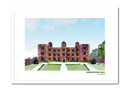 Doddington Hall art print by Vicki Shortt, house and lawn design, the Elizabethan house at Doddington, Lincolnshire, in a white frame