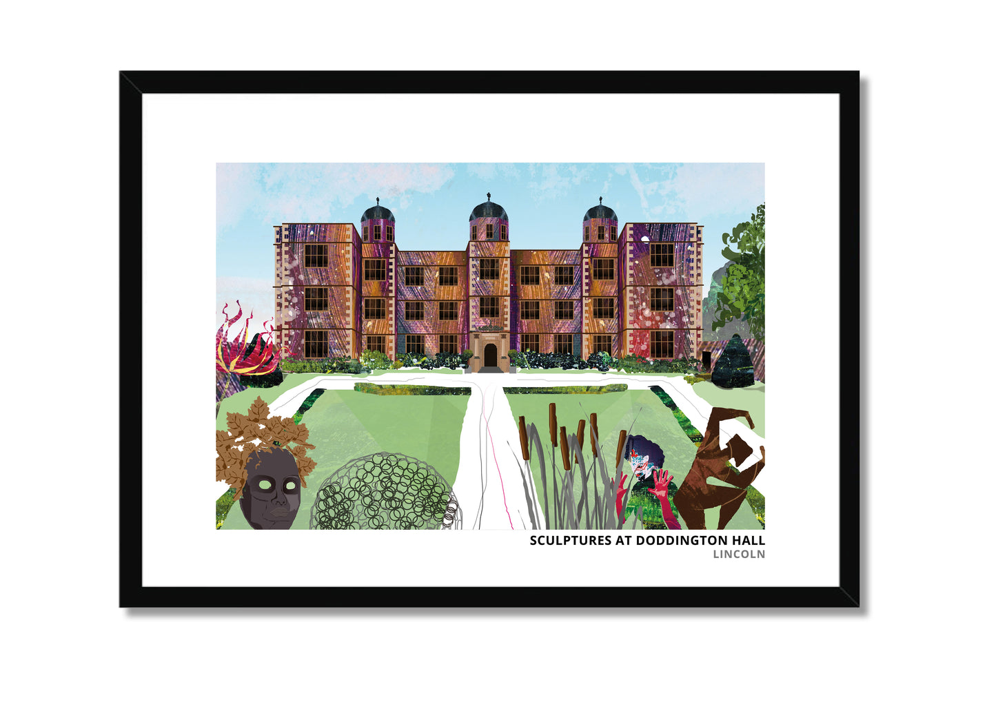 Doddington Hall art print by Vicki Shortt, sculptures design, the Elizabethan house at Doddington, Lincolnshire, in a black frame