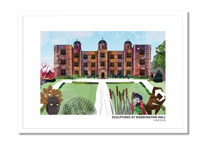Doddington Hall art print by Vicki Shortt, sculptures design, the Elizabethan house at Doddington, Lincolnshire, in a white frame