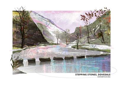Dovedale Stepping Stones art print by Vicki Shortt, autumn and winter design, the stepping stones across the River Dove, Derbyshire