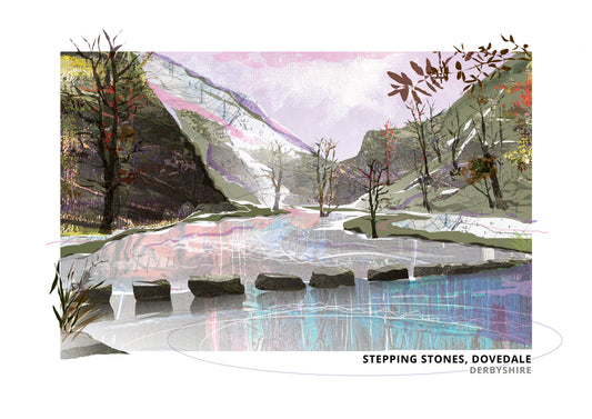 Dovedale Stepping Stones art print by Vicki Shortt, autumn and winter design, the stepping stones across the River Dove, Derbyshire