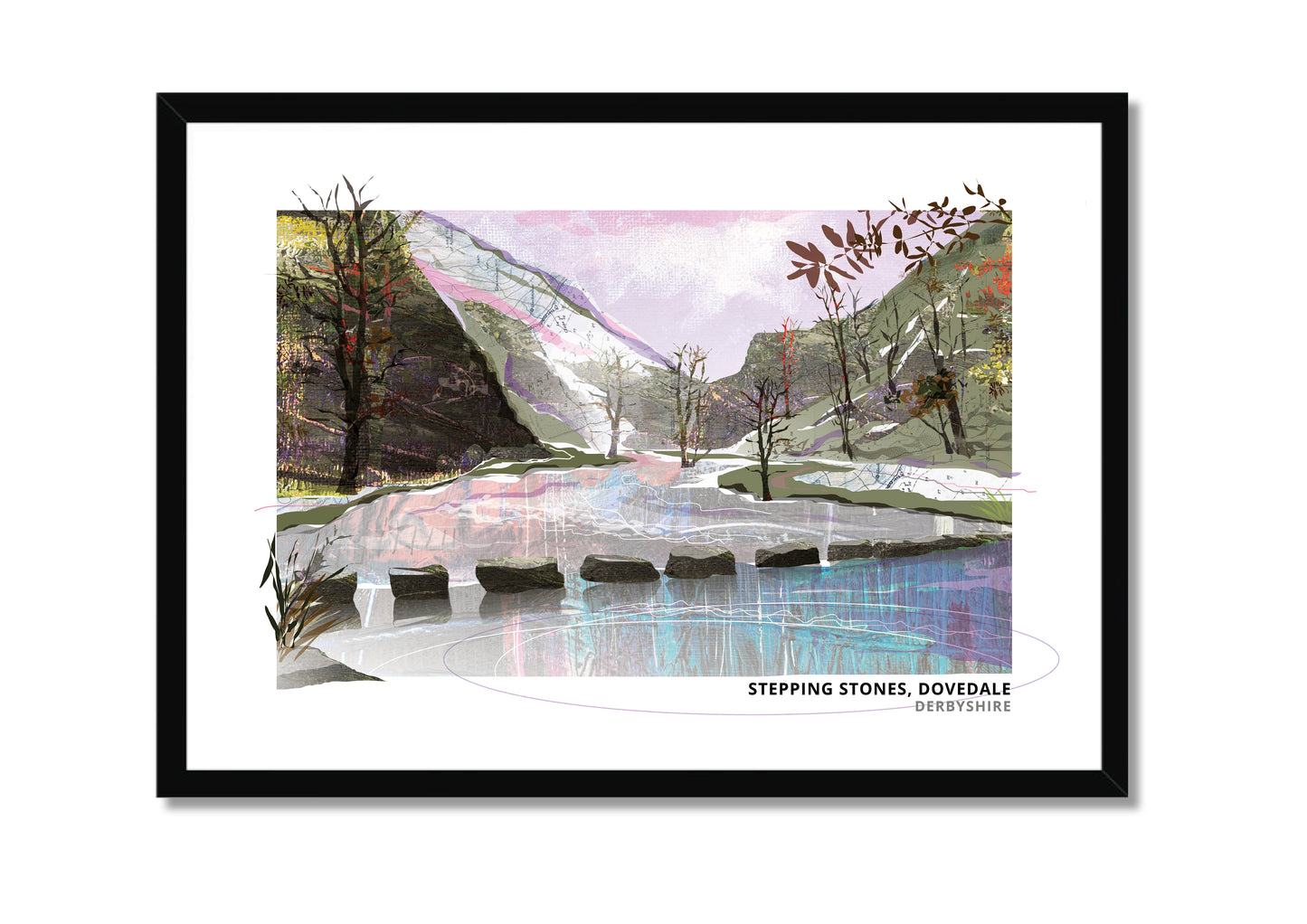 Dovedale Stepping Stones art print by Vicki Shortt, autumn and winter design, the stepping stones across the River Dove, Derbyshire, in a black frame