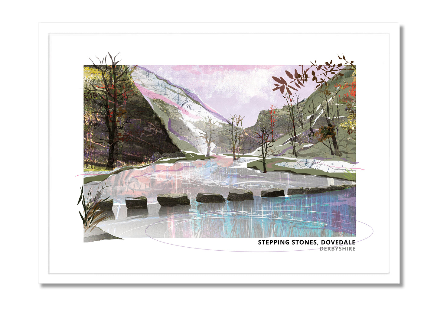 Dovedale Stepping Stones art print by Vicki Shortt, autumn and winter design, the stepping stones across the River Dove, Derbyshire, in a white frame