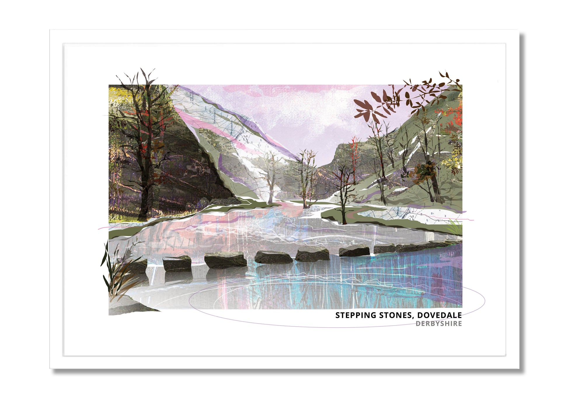 Dovedale Stepping Stones art print by Vicki Shortt, autumn and winter design, the stepping stones across the River Dove, Derbyshire, in a white frame