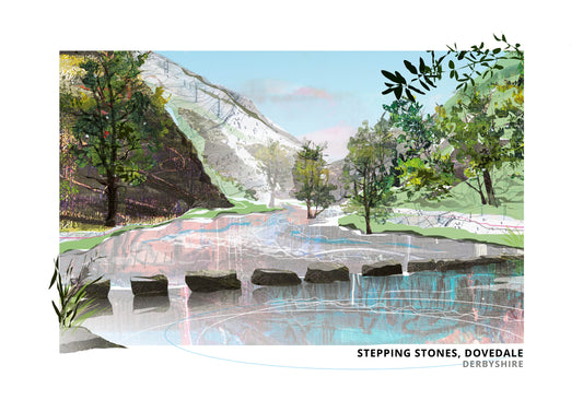 Dovedale Stepping Stones art print by Vicki Shortt, spring and summer design, the stepping stones across the River Dove, Derbyshire