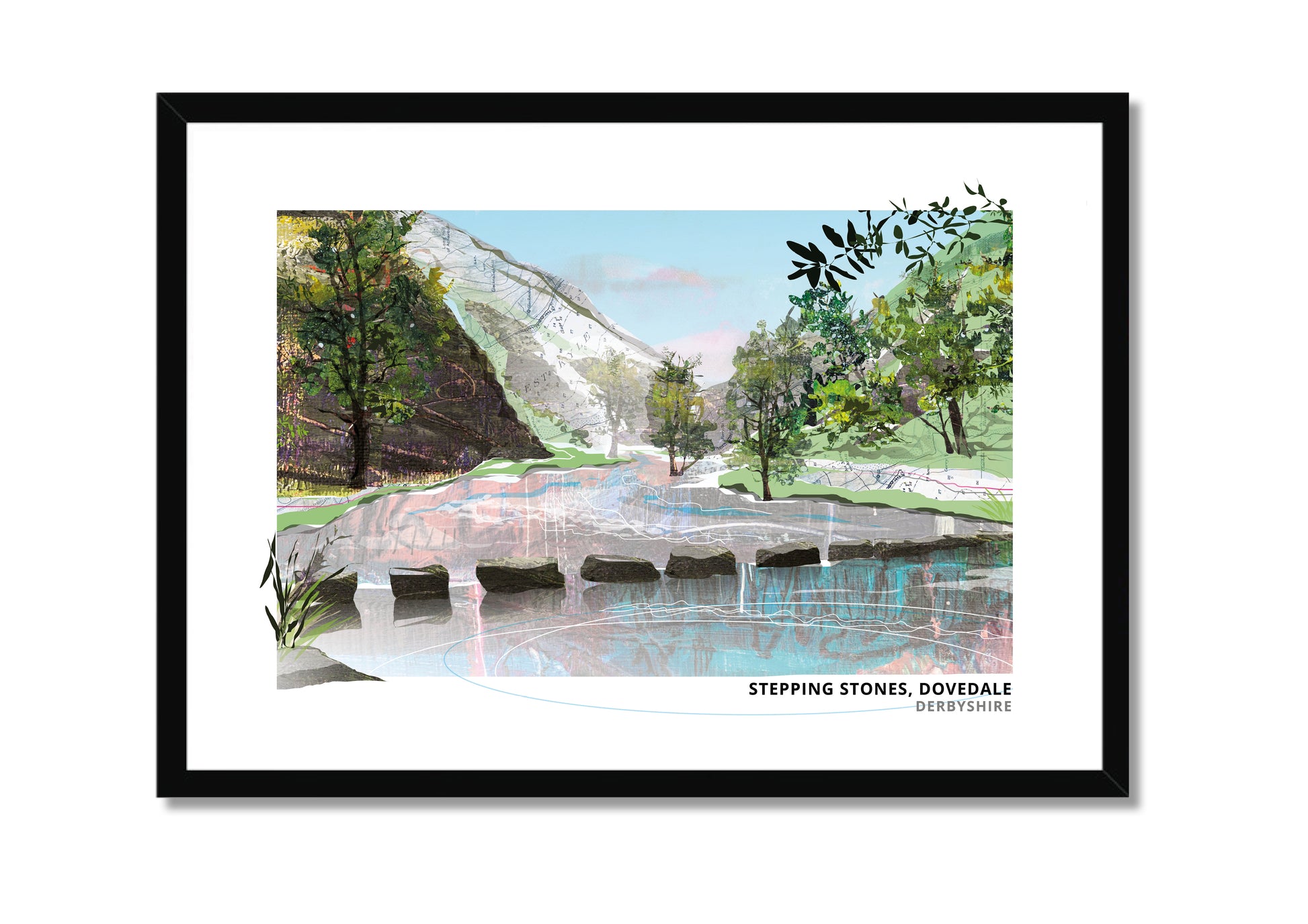 Dovedale Stepping Stones art print by Vicki Shortt, spring and summer design, the stepping stones across the River Dove, Derbyshire, in a black frame