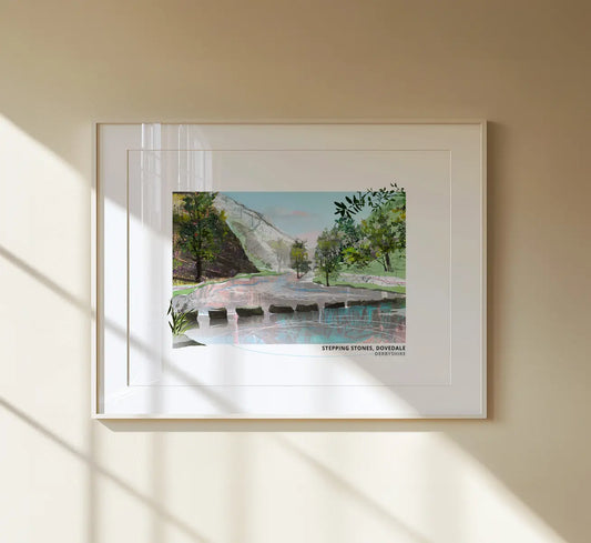 Dovedale Stepping Stones art print by Vicki Shortt, the stepping stones across the River Dove, Derbyshire, spring and summer design, framed in a room setting