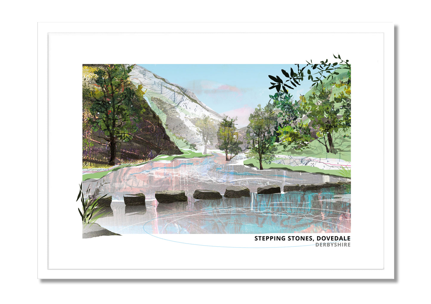 Dovedale Stepping Stones art print by Vicki Shortt, spring and summer design, the stepping stones across the River Dove, Derbyshire, in a white frame