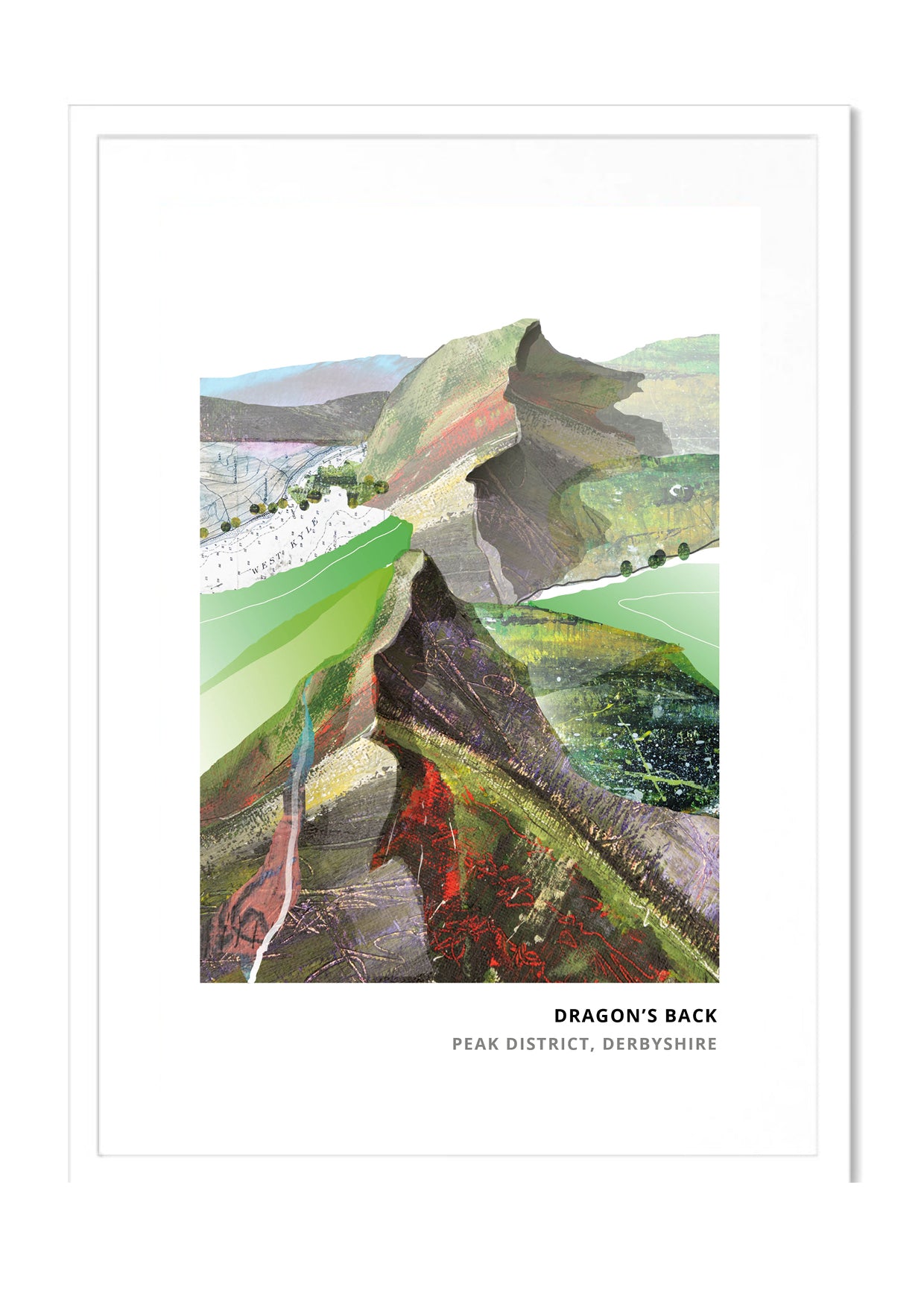 Dragon's Back, Derbyshire art print by Vicki Shortt, the jagged limestone ridge of Chrome Hill in the Peak District, in a white frame