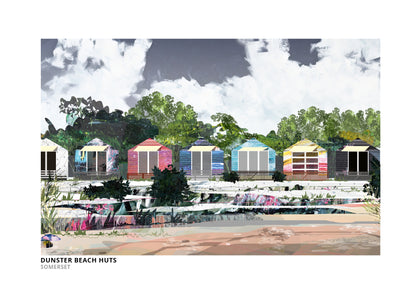 Dunster Beach Huts art print by Vicki Shortt, the row of beach huts at Dunster, Somerset
