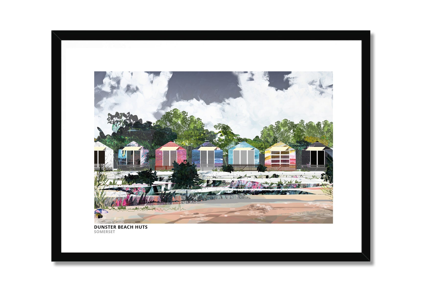 Dunster Beach Huts art print by Vicki Shortt, the row of beach huts at Dunster, Somerset, in a black frame