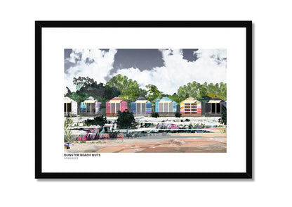 Dunster Beach Huts art print by Vicki Shortt, the row of beach huts at Dunster, Somerset, in a black frame