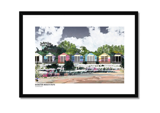 Dunster Beach Huts art print by Vicki Shortt, the row of beach huts at Dunster, Somerset, in a black frame