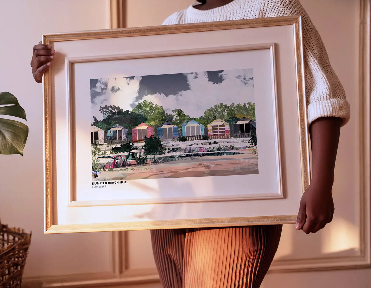 Dunster Beach Huts art print by Vicki Shortt, the row of beach huts at Dunster, Somerset, framed in a room setting