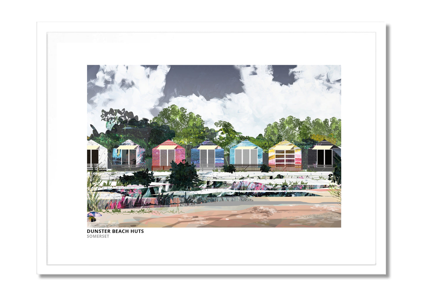 Dunster Beach Huts art print by Vicki Shortt, the row of beach huts at Dunster, Somerset, in a white frame