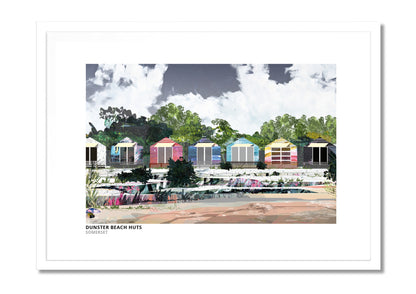 Dunster Beach Huts art print by Vicki Shortt, the row of beach huts at Dunster, Somerset, in a white frame