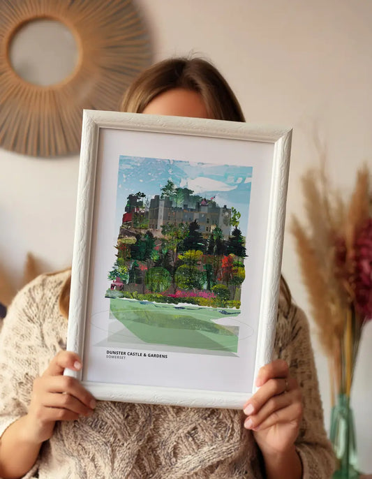 Dunster Castle art print by Vicki Shortt, the castle and gardens above the village of Dunster, Somerset, framed in a room setting