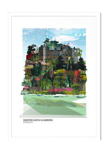 Dunster Castle art print by Vicki Shortt, the castle and gardens above the village of Dunster, Somerset, in a white frame