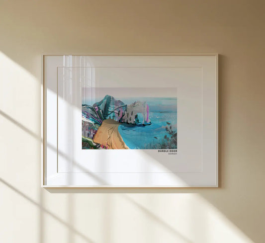 Durdle Door art print by Vicki Shortt, the limestone arch on the Jurassic Coast, Dorset, framed in a room setting