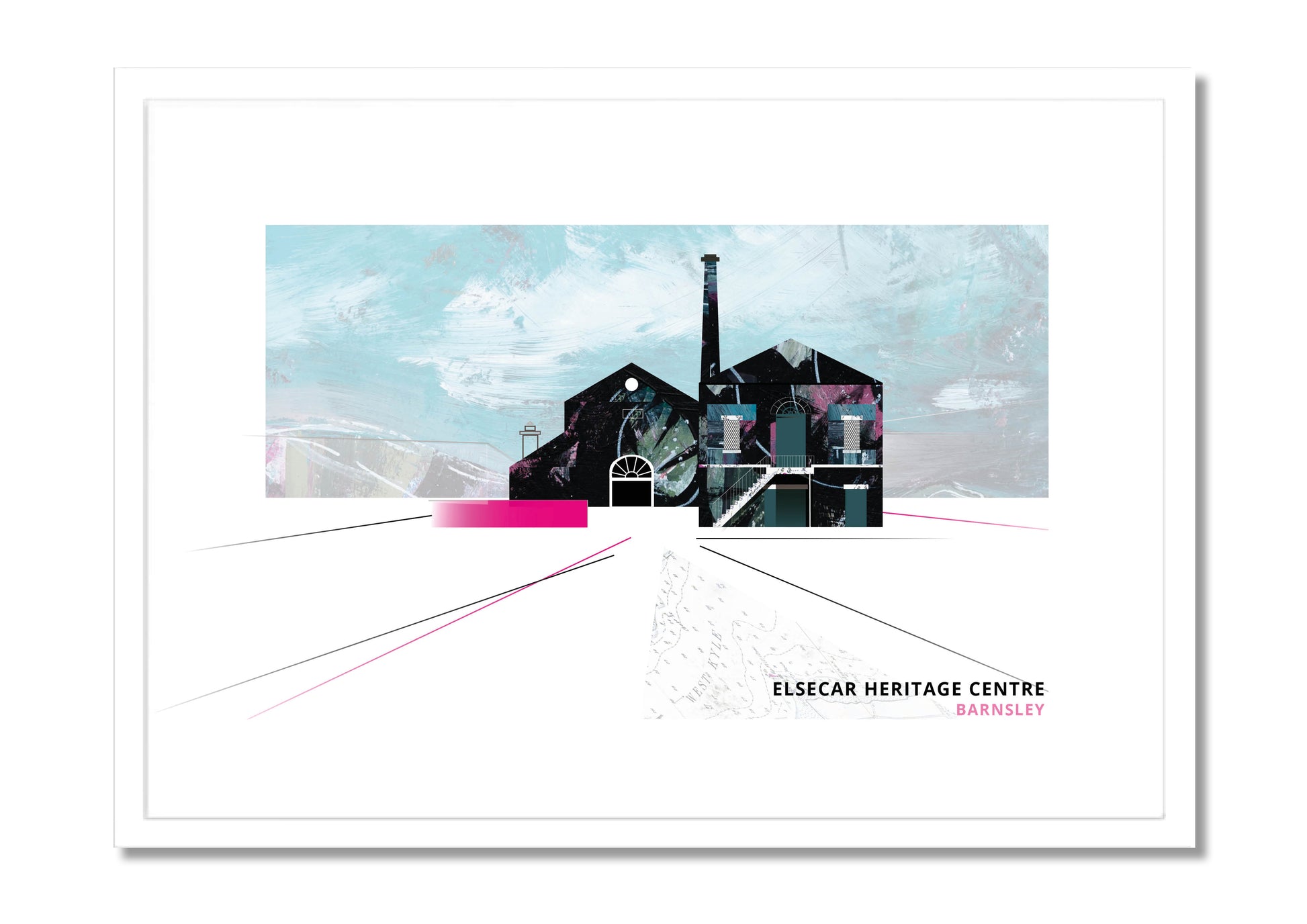 Elsecar Heritage Centre, Barnsley art print by Vicki Shortt, Original design, the former ironworks and workshops, in a white frame