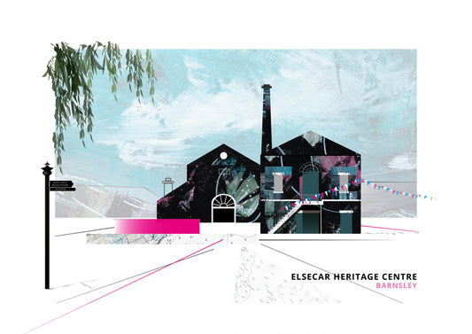 Elsecar Heritage Centre, Barnsley art print by Vicki Shortt, with bunting and signpost, the former ironworks and workshops
