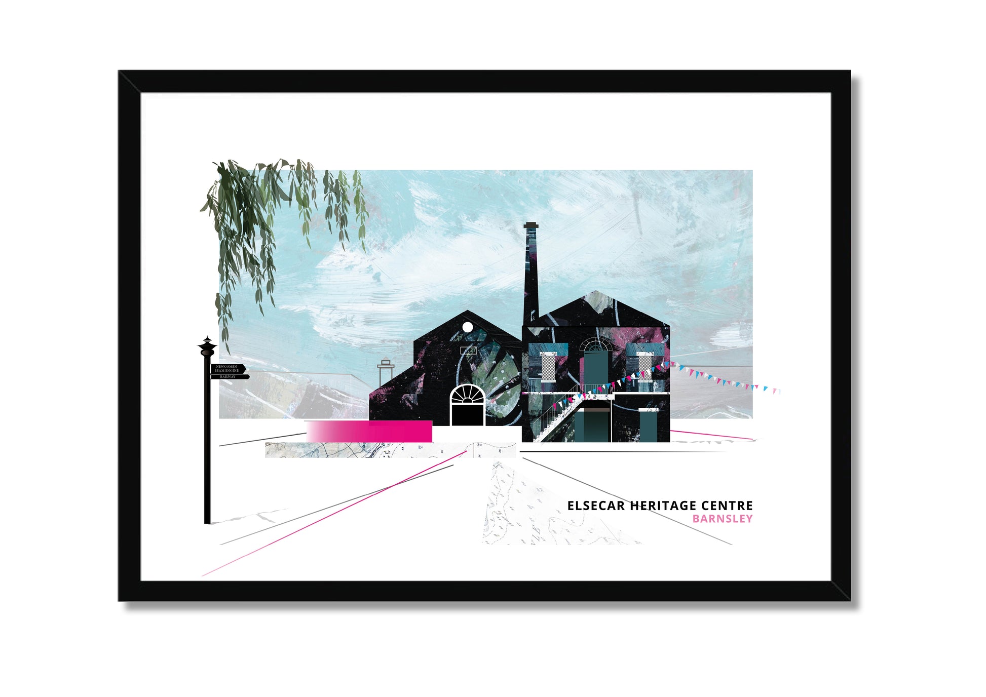 Elsecar Heritage Centre, Barnsley art print by Vicki Shortt, with bunting and signpost, the former ironworks and workshops, in a black frame