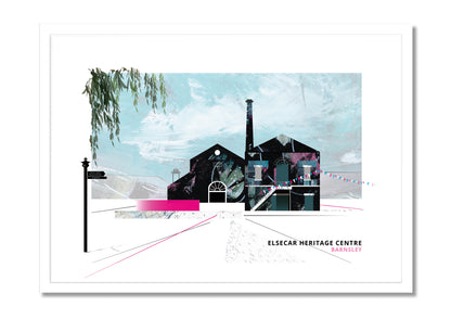 Elsecar Heritage Centre, Barnsley art print by Vicki Shortt, with bunting and signpost, the former ironworks and workshops, in a white frame