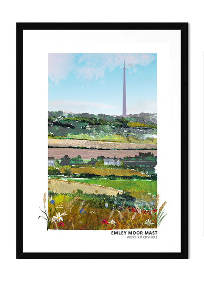 Emley Moor Mast art print by Vicki Shortt, the concrete transmitting tower rising over West Yorkshire, in a black frame