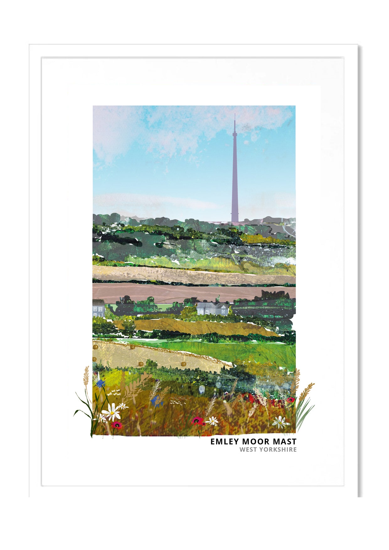 Emley Moor Mast art print by Vicki Shortt, the concrete transmitting tower rising over West Yorkshire, in a white frame