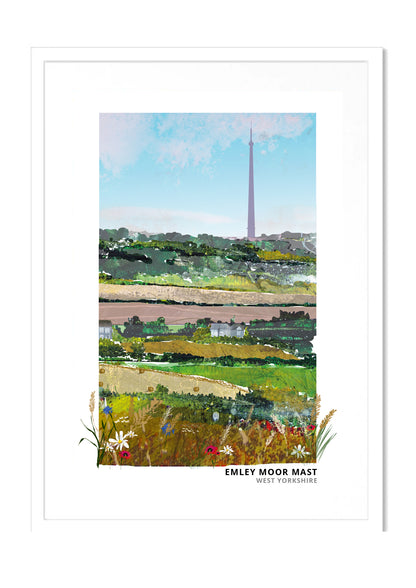 Emley Moor Mast art print by Vicki Shortt, the concrete transmitting tower rising over West Yorkshire, in a white frame