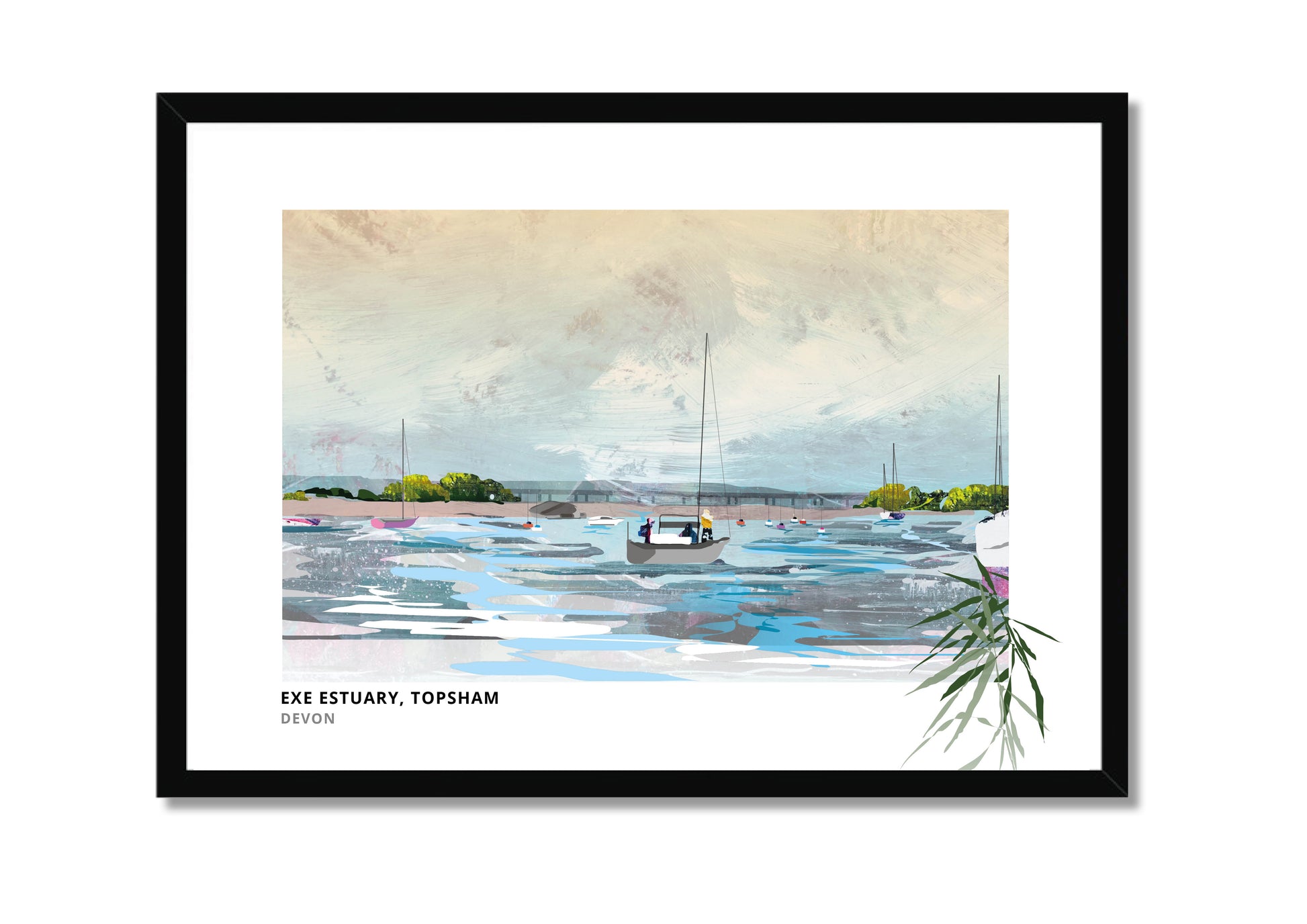 Exe Estuary art print by Vicki Shortt, the estuary and moored boats at Topsham, Devon, in a black frame