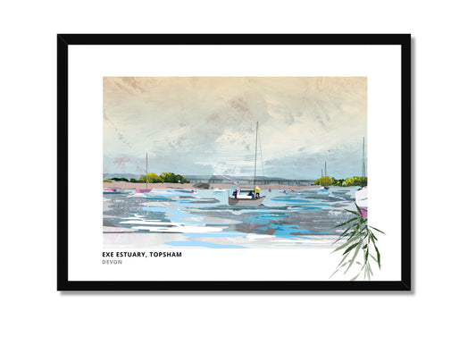 Exe Estuary art print by Vicki Shortt, the estuary and moored boats at Topsham, Devon, in a black frame