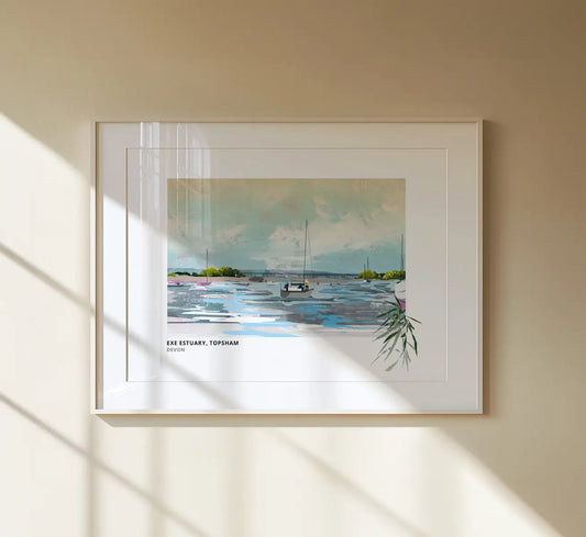 Exe Estuary art print by Vicki Shortt, the estuary and moored boats at Topsham, Devon, framed in a room setting
