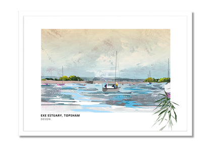 Exe Estuary art print by Vicki Shortt, the estuary and moored boats at Topsham, Devon, in a white frame