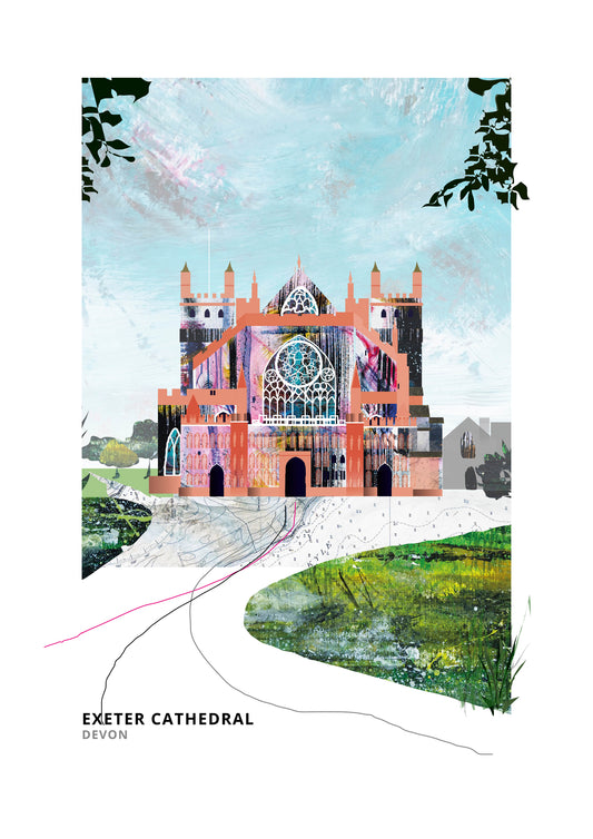 Exeter Cathedral art print by Vicki Shortt, the twin Norman towers of Exeter Cathedral, Devon