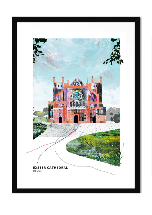 Exeter Cathedral art print by Vicki Shortt, the twin Norman towers of Exeter Cathedral, Devon, in a black frame