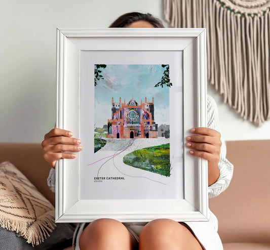 Exeter Cathedral art print by Vicki Shortt, the twin Norman towers of Exeter Cathedral, Devon, framed in a room setting