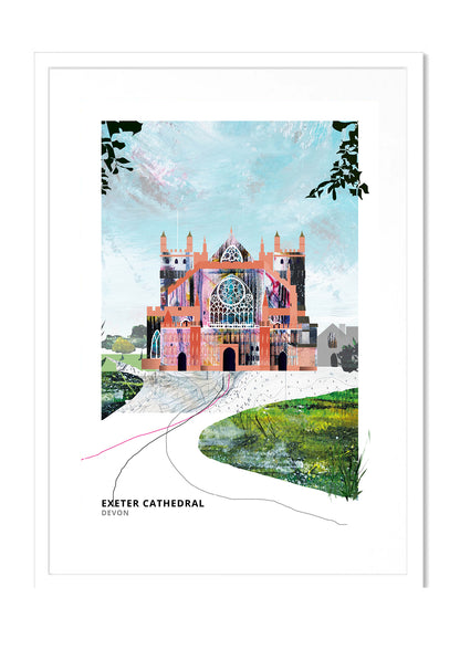 Exeter Cathedral art print by Vicki Shortt, the twin Norman towers of Exeter Cathedral, Devon, in a white frame