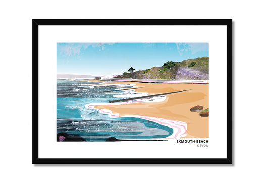Exmouth Beach art print by Vicki Shortt, the beach and seafront at Exmouth, Devon, in a black frame