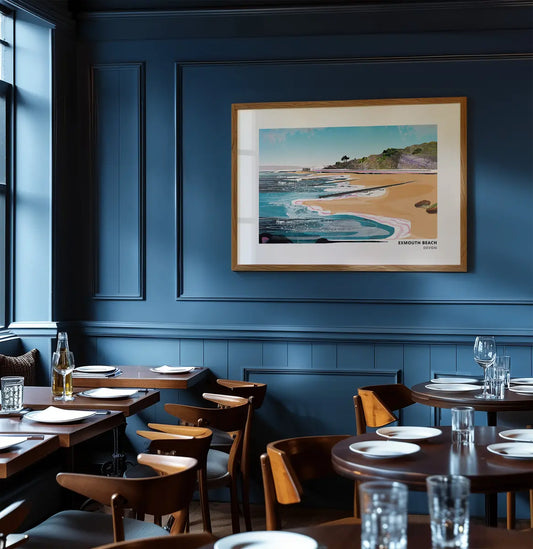 Exmouth Beach art print by Vicki Shortt, the beach and seafront at Exmouth, Devon, framed in a room setting
