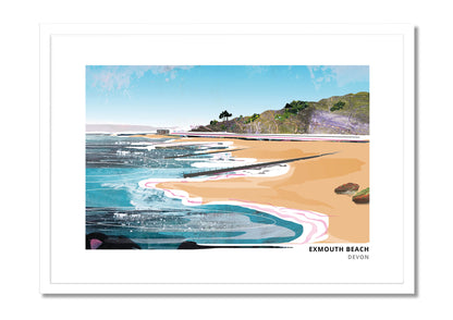 Exmouth Beach art print by Vicki Shortt, the beach and seafront at Exmouth, Devon, in a white frame