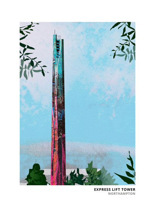 Express Lift Tower art print by Vicki Shortt, the lift-testing tower in Northampton