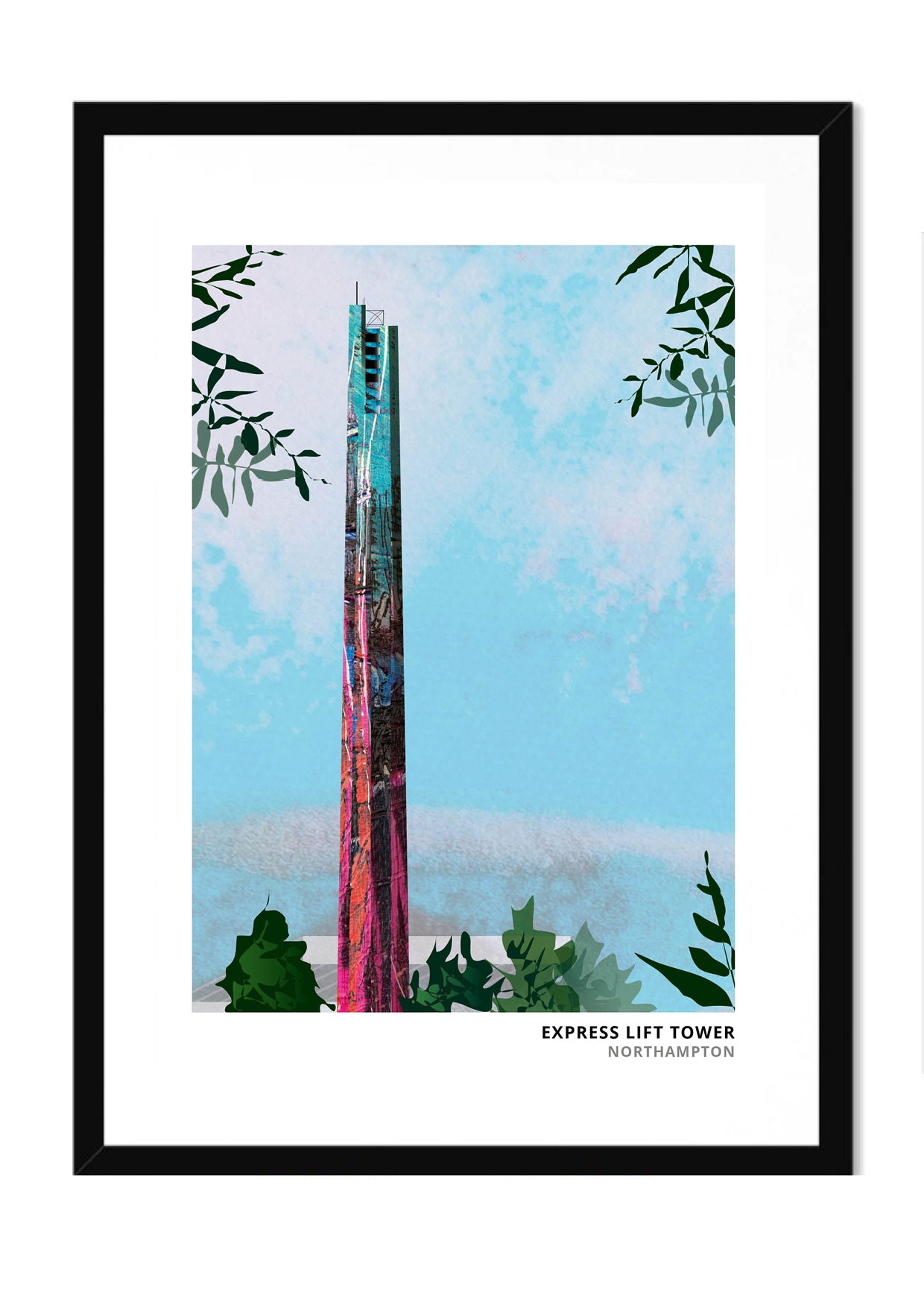 Express Lift Tower art print by Vicki Shortt, the lift-testing tower in Northampton, in a black frame